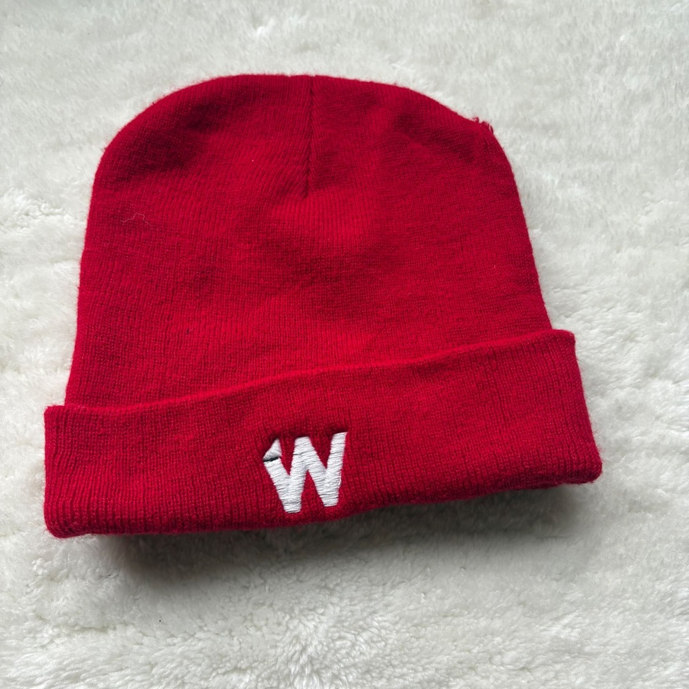 Red Beanie Hat with White W Logo Embroidered‎ Cuffed Knit Winter Warm